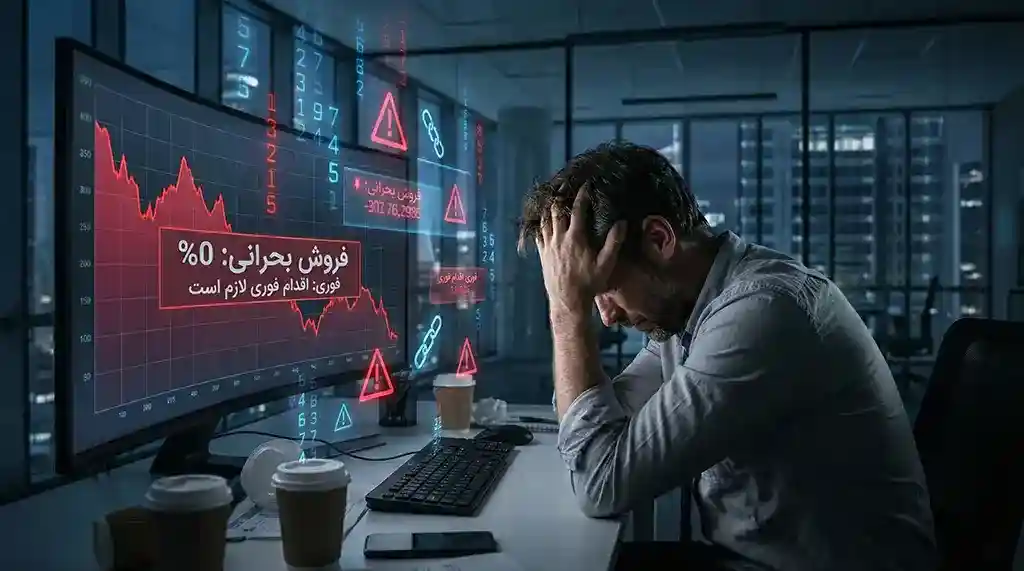 نمودار نزولی فروش سایت و ناامیدی مدیر کسب‌وکار اینترنتی از عدم سودآوری.